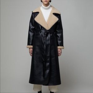 shearling faux leather long coat black/beige